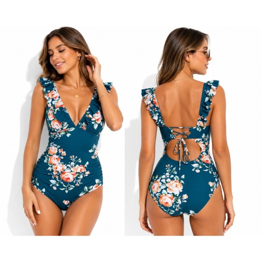 Women's‎ One Piece Swimsuit Blue Floral Size S New With Tags